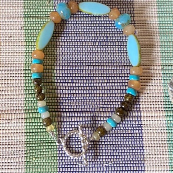 Hand Crafted Jewelry - Teal & Orange Natural Stone Bracelet, boho - NWT